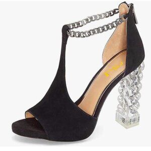 FSJ Black Sexy High Heeled T-Strap Sandals Peep Toe Pumps Metal Chain Shoes